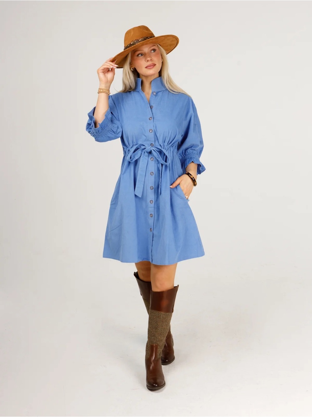 Holly Shae Stella Blue Corduroy Button-Front Tie-Waist Shirt Dress